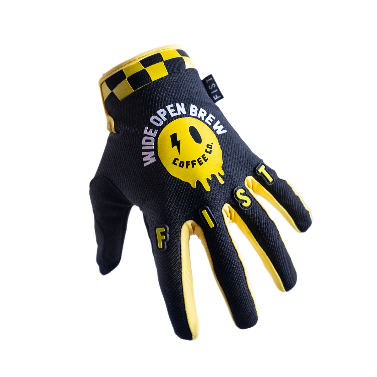 Black and Yellow Smiley Gloves Wide Open Brew